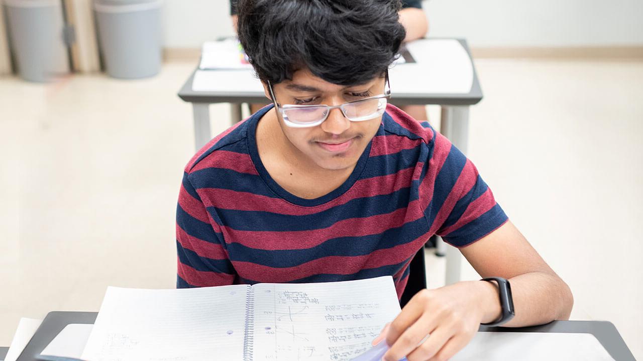 Young student looking at notebook in class